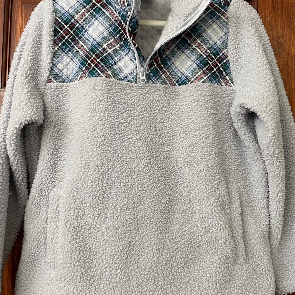 Cozy Sherpa Pullover with Plaid Accents